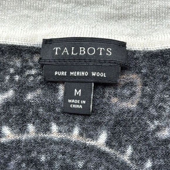 Talbots 100% Merino Wool Black Beige Medallion Print Pullover Warm Sweater - Picture 11 of 13